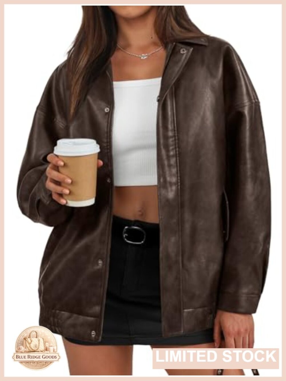 Oversized Faux Leather Bomber Jacket Textured Zip Coat